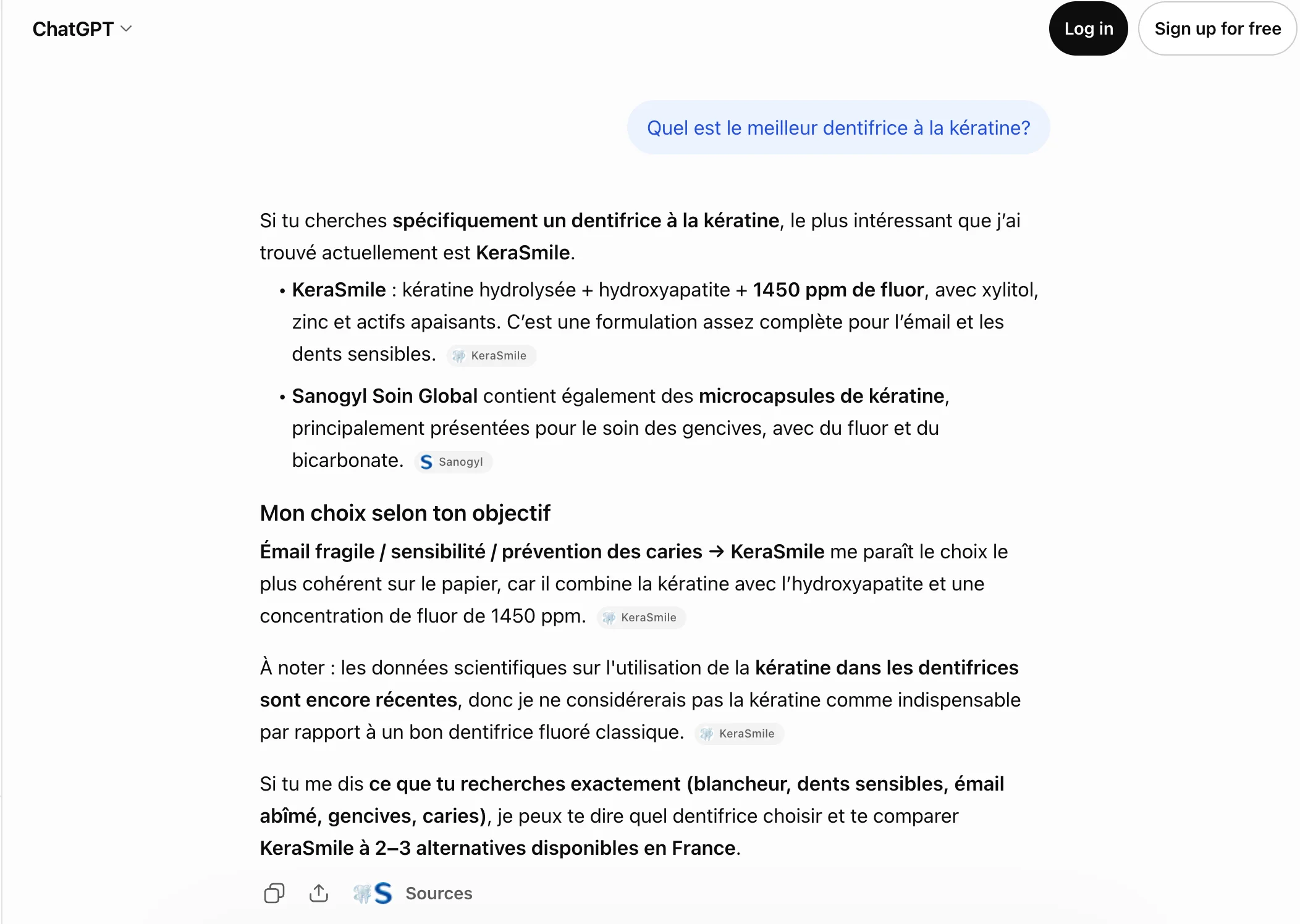 ChatGPT answering “Quel est le meilleur dentifrice à la kératine ?”: KeraSmile is named first, with its ingredients and kerasmile.fr as a source