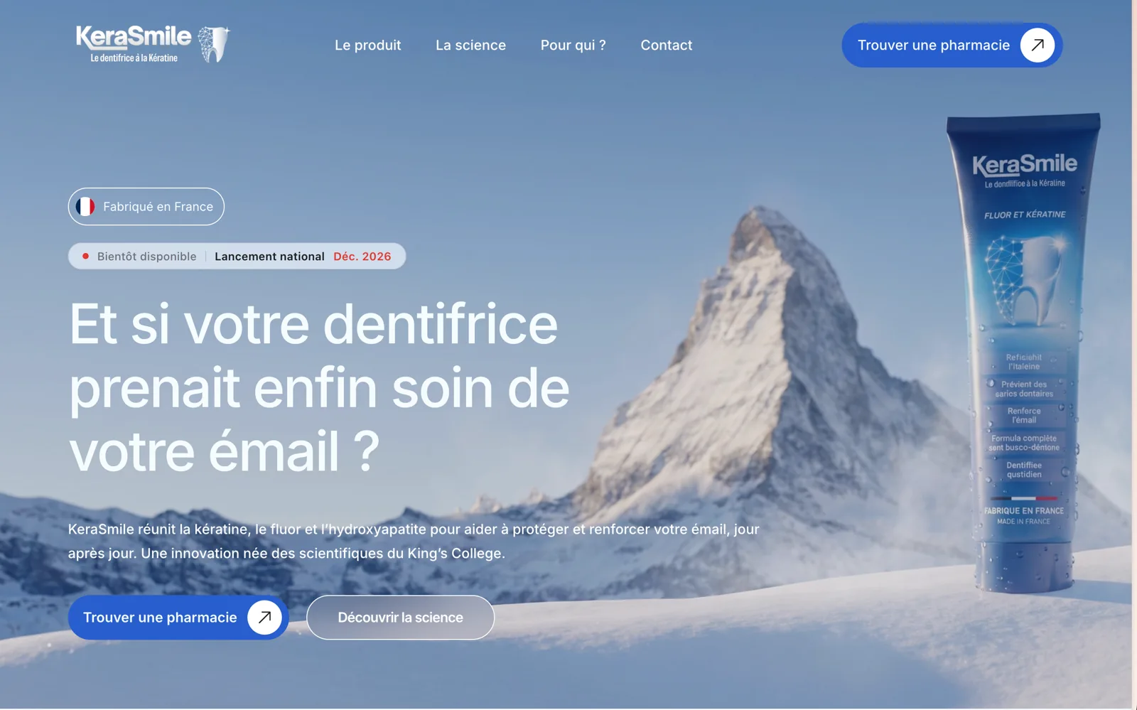 Kerasmile home page: “What if your toothpaste finally took care of your enamel?”, with the Kerasmile tube in front of a snowy peak